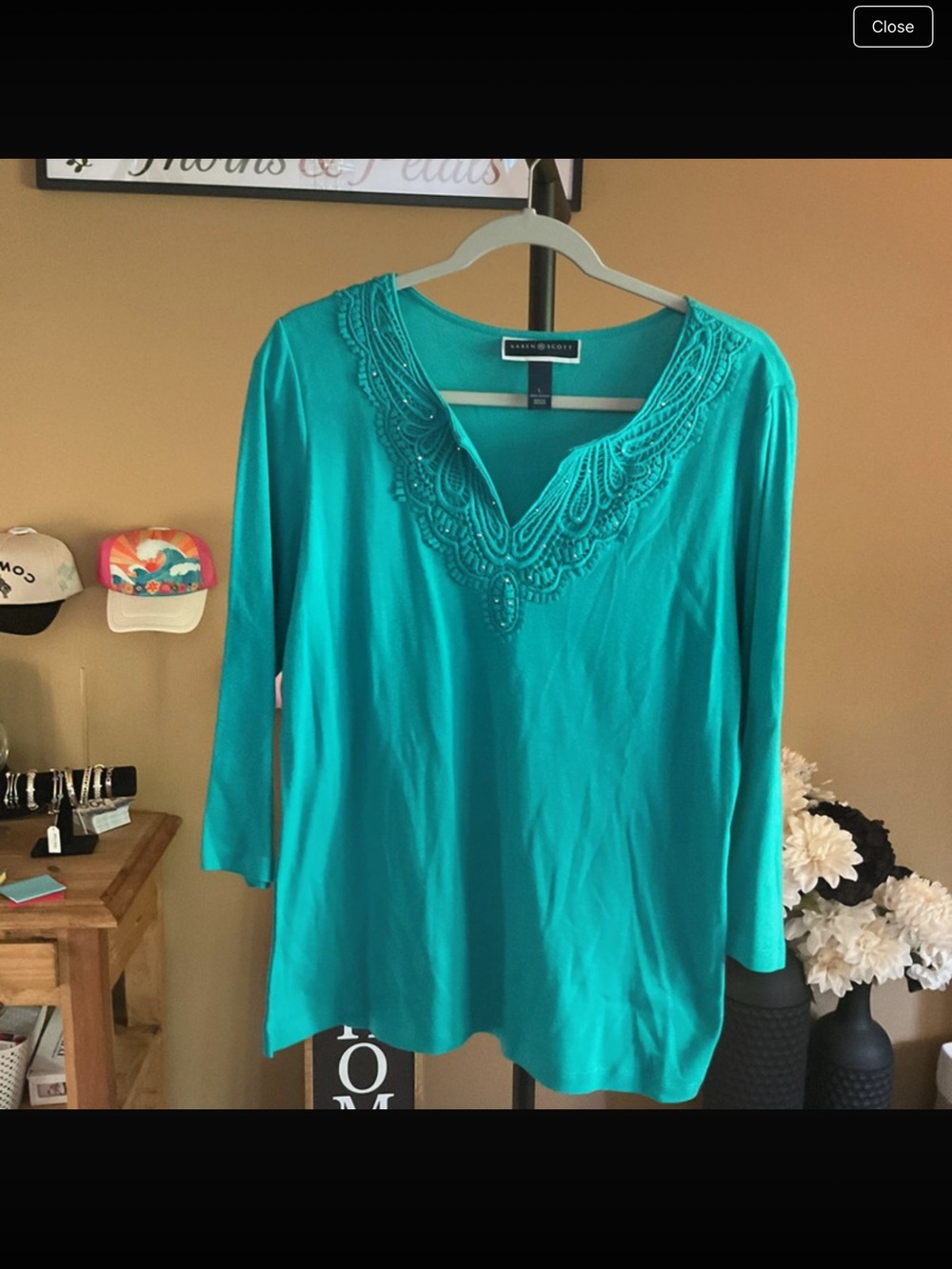 Karen Scott Teal Embroidered V-Neck Tunic Top